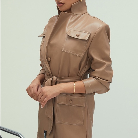 Tan Vegan Leather Belted Jacket 🧥 Dress - Picture 10 of 15